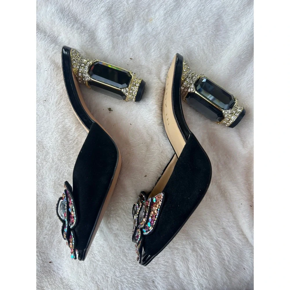 Kobzin Crystal Butterfly Mules Womens Size 11 Black Excellent Jeweled Block Heel - Picture 3 of 11